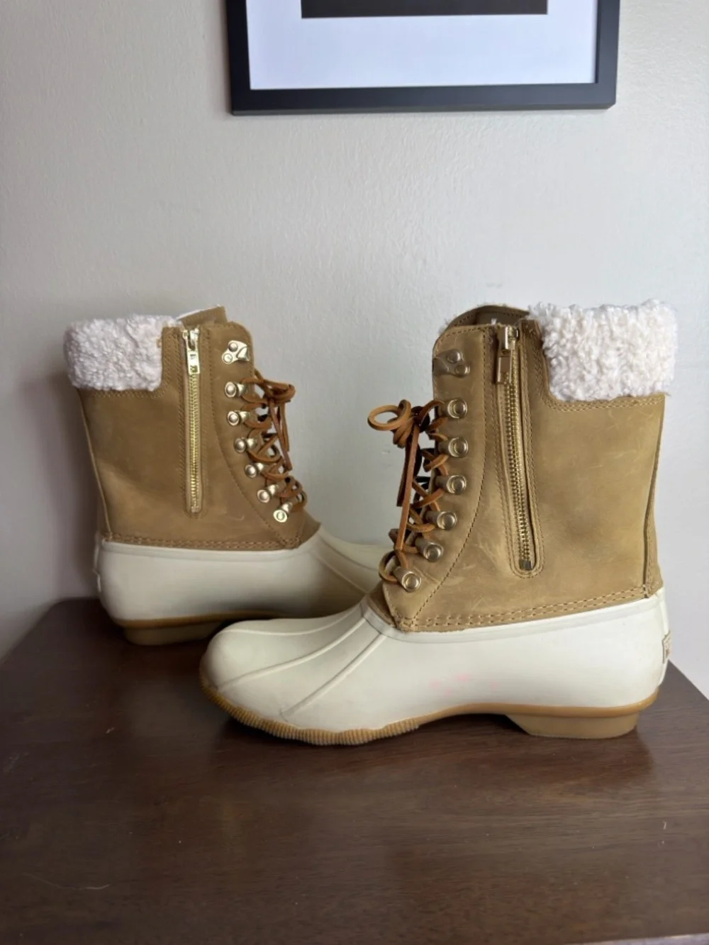 Sperry Saltwater Ivory Leather Tall Duck Boots Sz 9.5 Womens